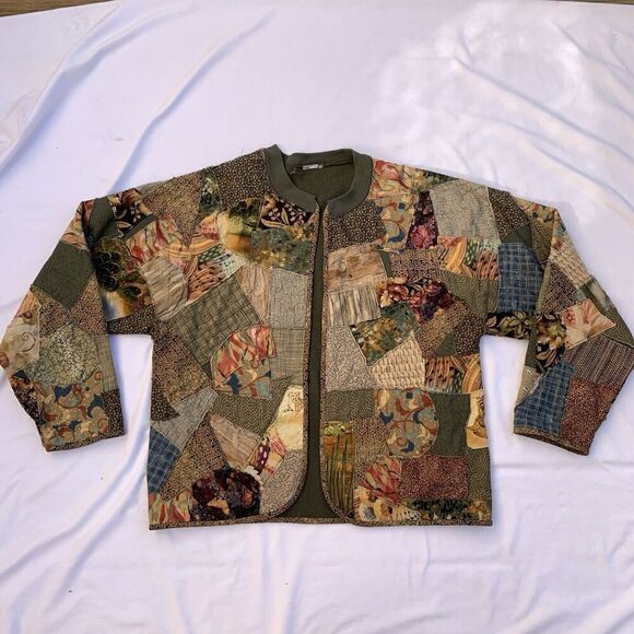 Vintage Handmade Patchwork Crazy Quilt M L Cardigan Sweater Floral Lion Cheetah - Picture 8 of 15